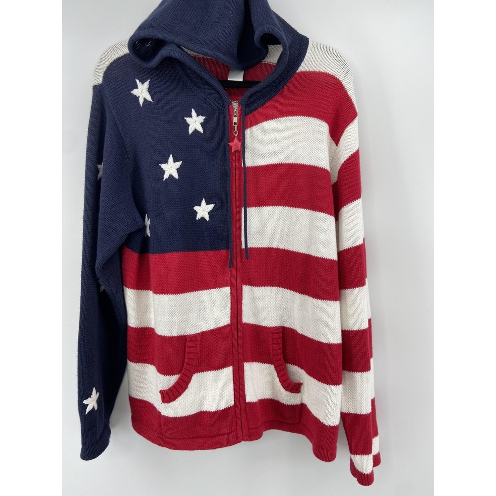 Quacker Factory Sweater Womens‎ Large American Flag Hoodie Stars Patriotic USA